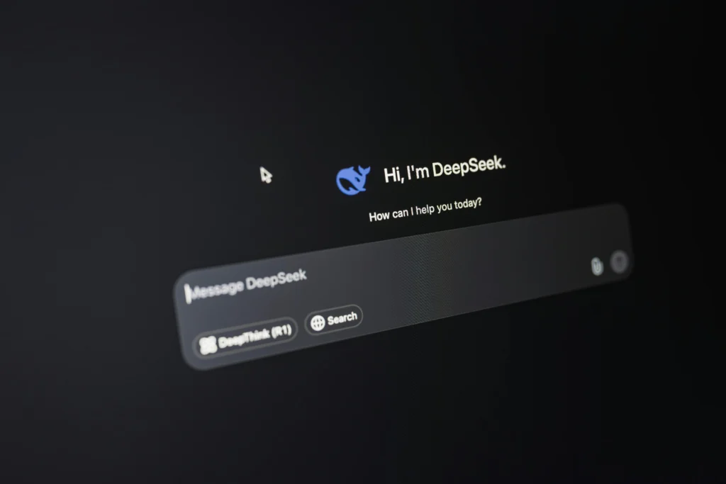Close-up of DeepSeek AI interface on a dark screen highlighting chat functionality.